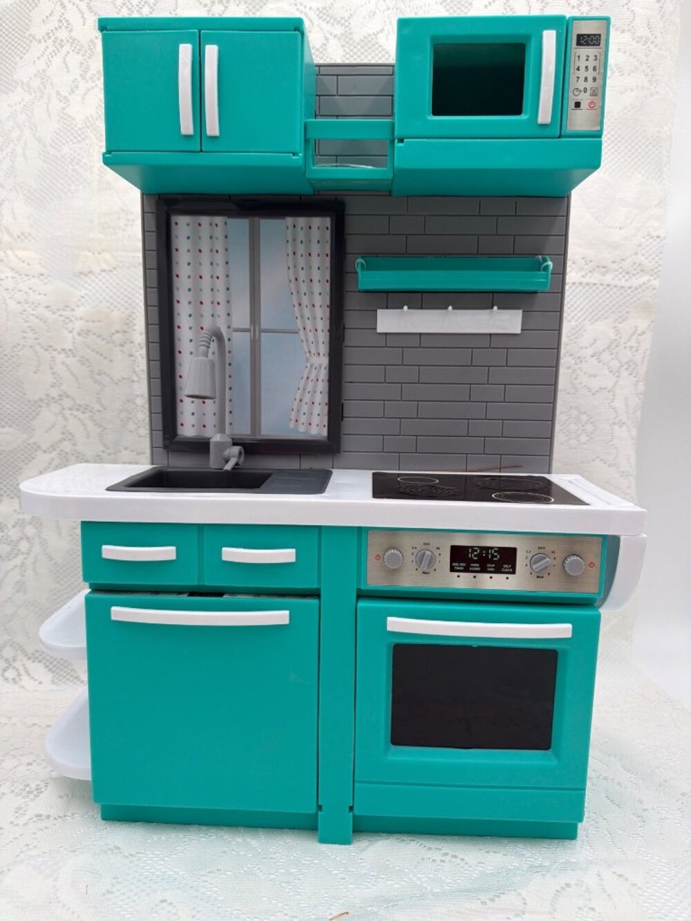 Miniature Teal Play Kitchen Set With Accessories & Functional Doors